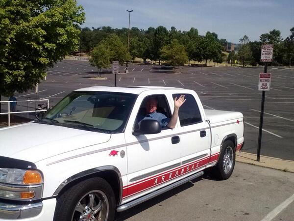 SEC_Chatter's tweet image. Grandpas custom razorback truck in coach @BretBielema parking spot.