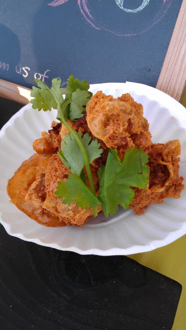 thetacocat's tweet photo. Try something new today @nightitup. Here's our mapo tofu fritter.  Spicy ground pork  stuffed inside a fried tofu. :) http://t.co/uE9sXebxug