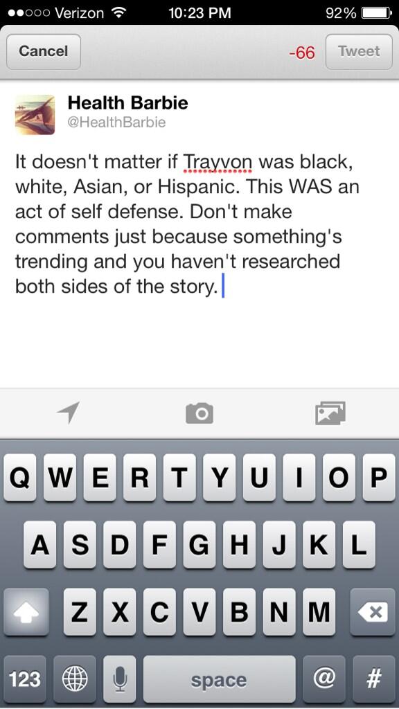 HealthBarbie's tweet photo. My opinion on the Trayvon Martin. You can agree or disagree. I don't really care. #NoHate http://t.co/NXYb0O9seO