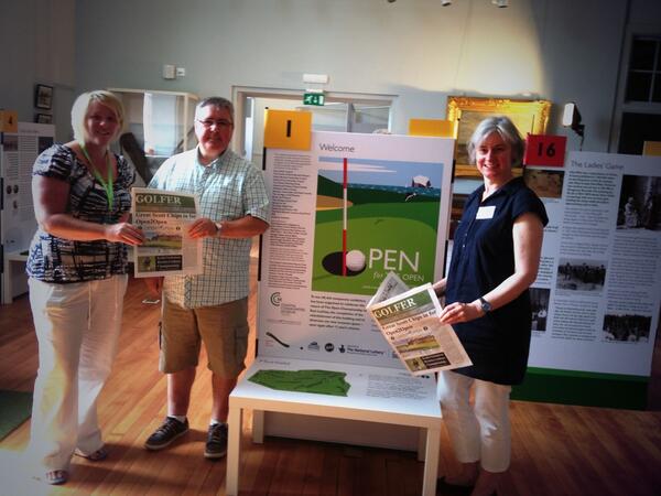 GolferNewspaper's tweet photo. Rosemary Everett co chair &amp; Graeme Bettison from @CoastalMuseum with @LailaMonaghan at #open for Open exhibition http://t.co/IS2XWa3bsI
