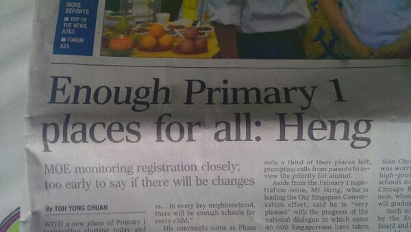 TweetMWS's tweet image. The Straits Times expresses relief at the availability of Primary 1 slots