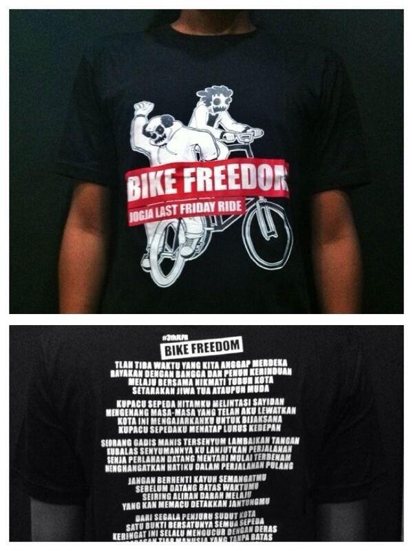 #BIKEFREEDOM T-Shirt 70rb. Seluruh hasil penjualan disumbangkan u/ pergerakan sepeda. <a href="/Friday_Ride/">Jogja LastFridayRide</a> hub: 083840004600