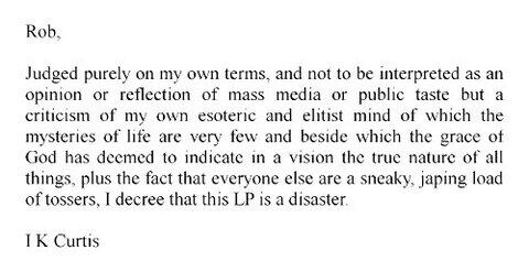 LettersOfNote's tweet image. Ian Curtis would've turned 57 today. His note to Joy Division's manager, Rob Gretton, after recording Closer: