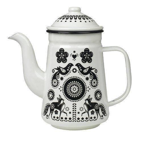 wrapcompany's tweet photo. Folklore design enamel coffee pot designed by Nina Jarema is back in stock, mug, plate &amp; tins also available. http://t.co/kwgsm9CR6i