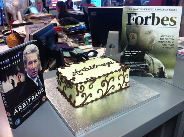 totalfilm's tweet photo. For Richard Gere's drama thriller #ArbitrageDVD, we've been sent a tasty cake &amp; Forbes cover starring @spliggle! #NOM http://t.co/P1N7H5sCGw