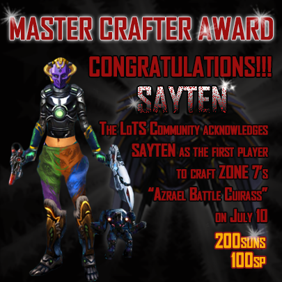 LoTSMobile's tweet photo. Congratulations, Sayten!! You were the first player to craft Zone 7's "Azrael Battle Cuirass" by July 10th, 2013! http://t.co/9xKSDkFK3e