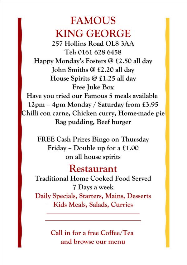 RT &amp; Follow 2 Win a Meal for 4.... Follow <a href="/famouskinggeorg/">Famous King George</a>  on twitter for up dates on Drink &amp; Food Discounts