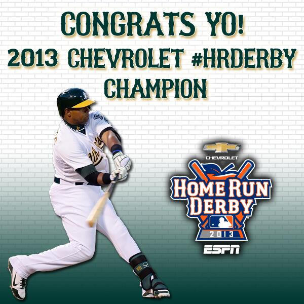 Athletics's tweet photo. #̶Y̶o̶K̶n̶o̶w̶s̶D̶e̶r̶b̶y̶  #YoWinsDerby! @ynscspds hits 9 homers in the Finals to beat Bryce Harper. http://t.co/2hU9YtqjJy
