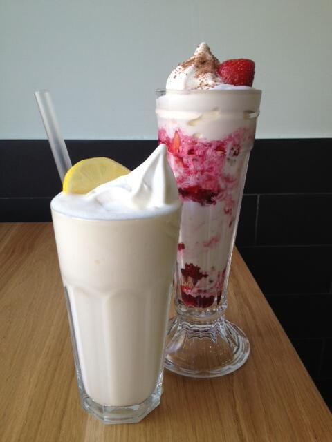 Yummy frozen yoghurt based drinks &amp; sundaes available (lemon shake &amp; knickerbocker sundae in pic!)