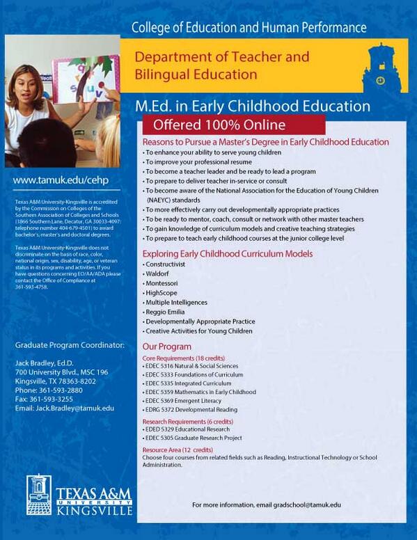 TAMUKGRAD's tweet photo. Want to improve your professional resume? Our Early Childhood Education grad program is offered 100% Online. http://t.co/fvNld2x3Pi