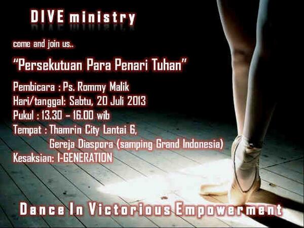 MinistryDIVE's tweet photo. Ibadah DIVE Ministry tgl 20 juli jam 13.30 - 16.00 di Gereja Diaspora, Thamrin City lantai 6, David Room. Join us. http://t.co/dg9xY2TjuH