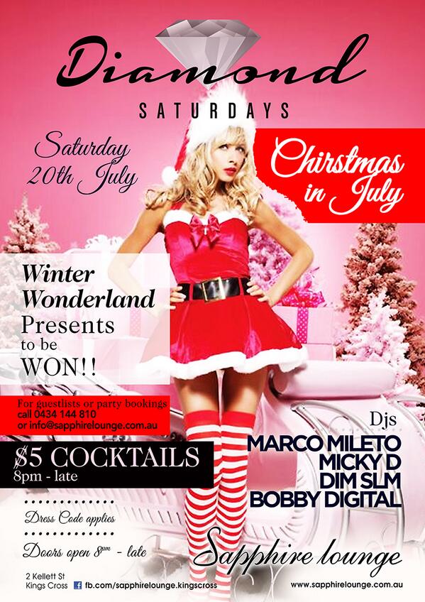 SapphireLoungeX's tweet photo. This Saturday! #christmasinJuly #kingscross #Sydney #nightclub #GIVEAWAYS #babes #winterwonderland http://t.co/BKMuqW2xCk