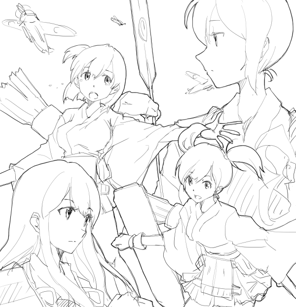 ミッドウェー4人娘揃った記念落書き。加賀さんの髪型は分かんなかったので勝手に解釈してます。 