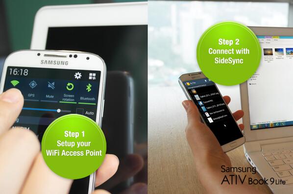 SamsungNotebook's tweet photo. #SideSync is now wireless! Transferring files from your #ATIV to your #GALAXY is easier than ever. http://t.co/VWBTKaqReK