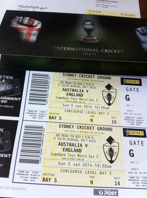 martynware0's tweet photo. Tickets arrived! Can't wait to watch us batter the Aussies! #Ashes http://t.co/6CujBvL5KI