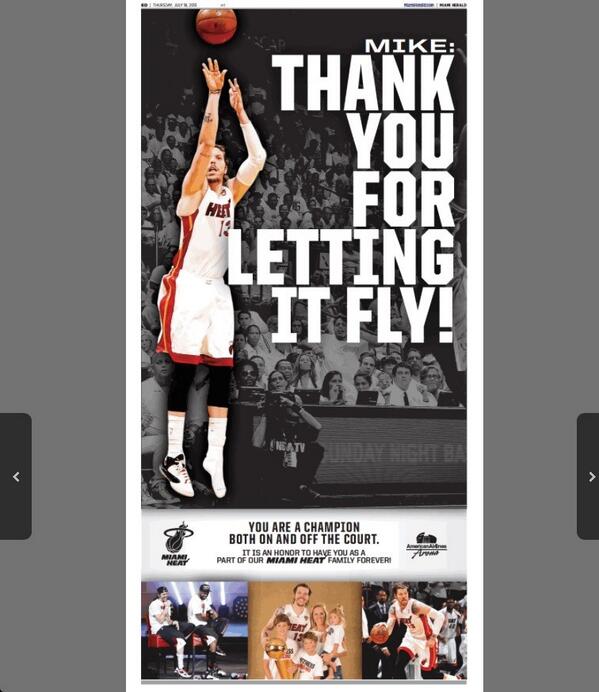 ByTimReynolds's tweet photo. And if you haven't seen, here's the Mike Miller tribute ad the Heat placed in South Florida newspapers today. http://t.co/6Ab8TdWyTT