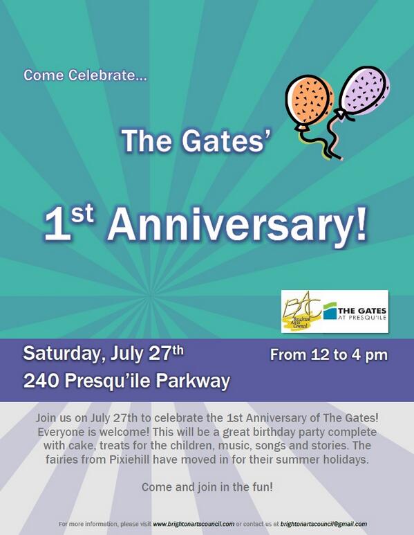 ArtsInBrighton's tweet photo. Come out to The Gates' 1st Anniversary on Saturday, July 27th from 12 to 4 pm! http://t.co/ehgUjh9tuq
