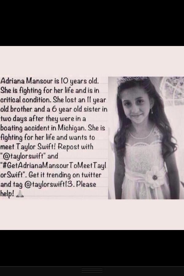 micheleyono's tweet photo. An amazing girl needs your help to  #GetAdrianaMansourToMeetTaylorSwift @PerezHilton @TheEllenShow @taylorswift13 http://t.co/PhopyKs6D8