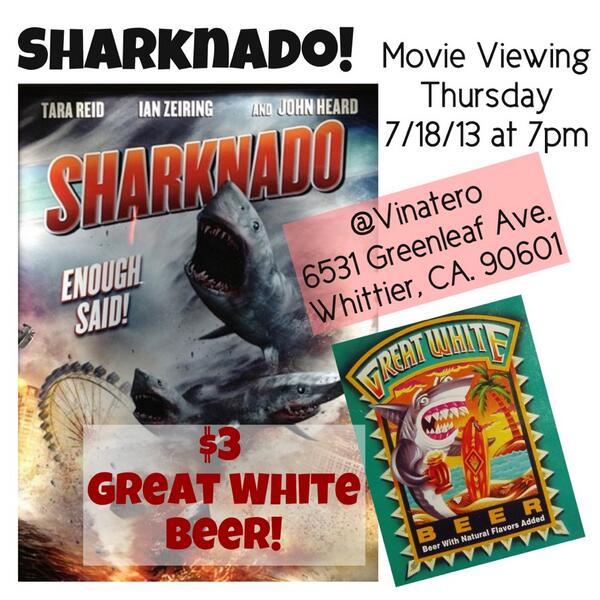 Vinatero's tweet photo. Join us tonight at 7pm for a #Sharknado movie viewing. Featuring $3 Great White #Beer from @lostcoastbrewer! http://t.co/CCbaFuOyA7