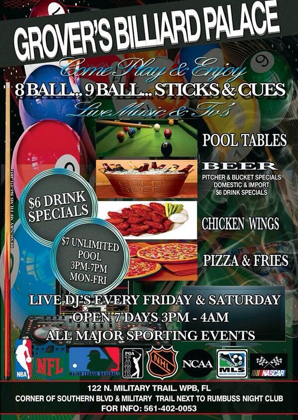 StreetCandi's tweet photo. GROVER'S BILLIARD PALACE OPEN 7DAYS TILL 4AM PITCHER &amp; DRINK SPECIALS http://t.co/heEzvYEW4z