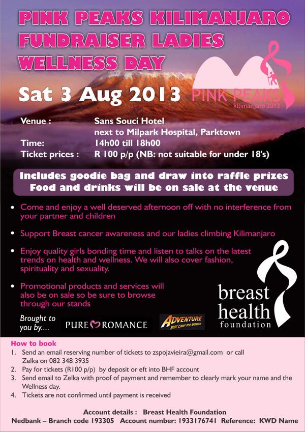PinkPeaksKili's tweet photo. Our Ladies Wellness Day Fundraiser Sat 03 Aug -Call Zelka on 082 348 3935 or email zspojavieria@gmail.com to book. http://t.co/fbWfuywUF8