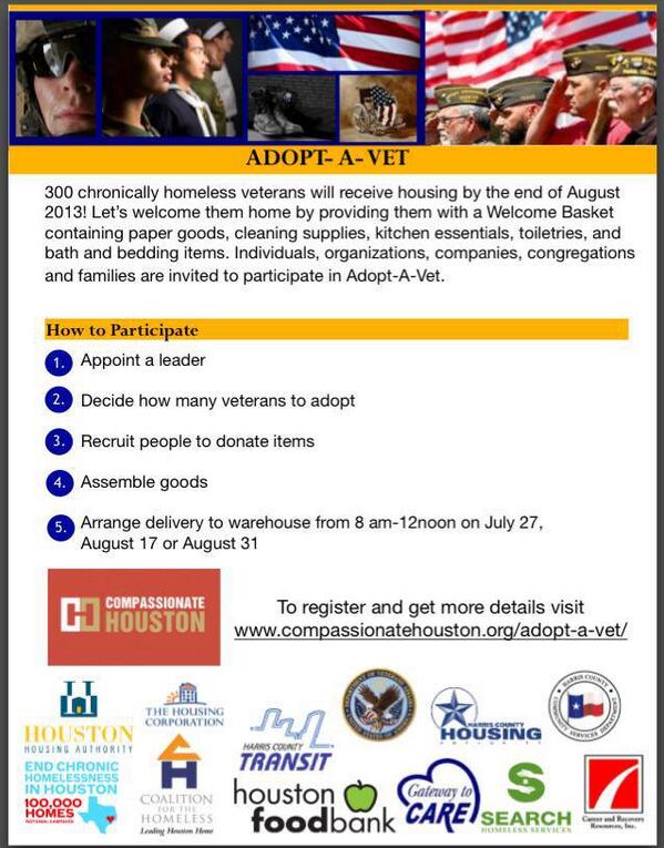 CompassionHou's tweet photo. #Adoptavet #homelesshou Help us help #Houston vets! Go to http://t.co/UhOVVGDEDu and pledge to Adopt A Veteran! http://t.co/NRNGnxD5JZ