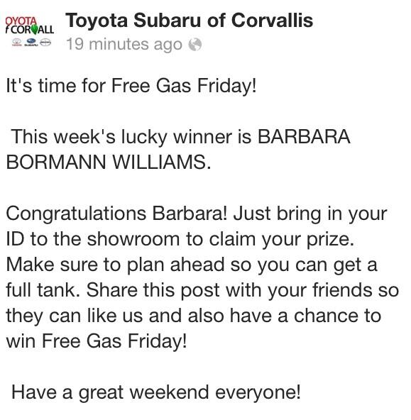 Free gas Friday winner is........ (Check out our Facebook page for your chance to win next week)