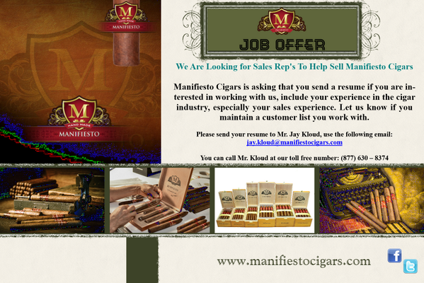 ManifiestoPuro's tweet photo. Manifiesto Cigars Looking for Sales Reps
... please spread the word ! http://t.co/Tba689VqEy