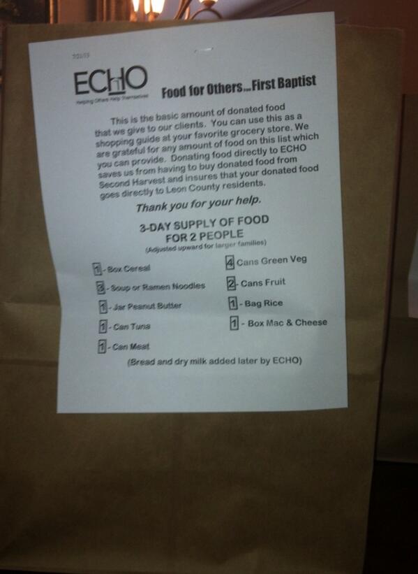 Don't forget to bring your bag of food tomorrow to <a href="/fbctlh/">First Baptist Church of Tallahassee</a> and support the ECHO food drive. #fbch #ECHO