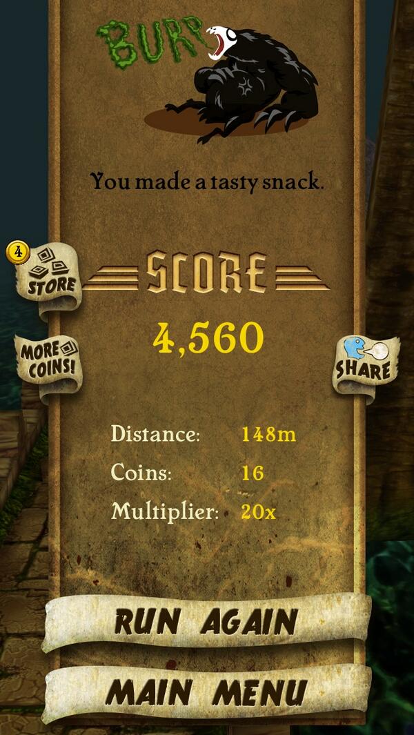 AnandVishalSol's tweet photo. I got 4,560 points while escaping from demon monkeys. Beat that! http://t.co/OS8WPLdKkp #TempleRunh http://t.co/D1q6TYMqVl