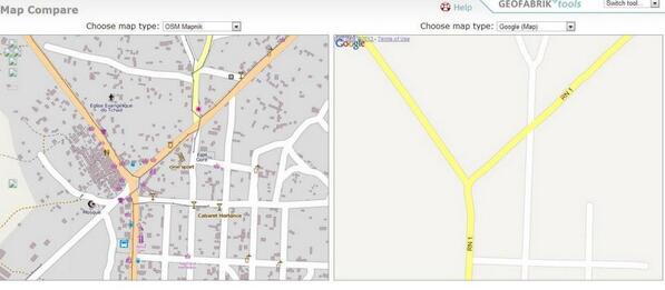 ComOSMTchad's tweet photo. OSM vs Google  Goré, Tchad http://t.co/a3s35h7N50