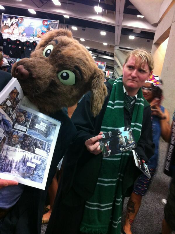 'Do you like Harry Potter! Here! This has nothing to do with it!' ~ @SophieCabra #SDCC #Salesmanship #DogPhotoBomb