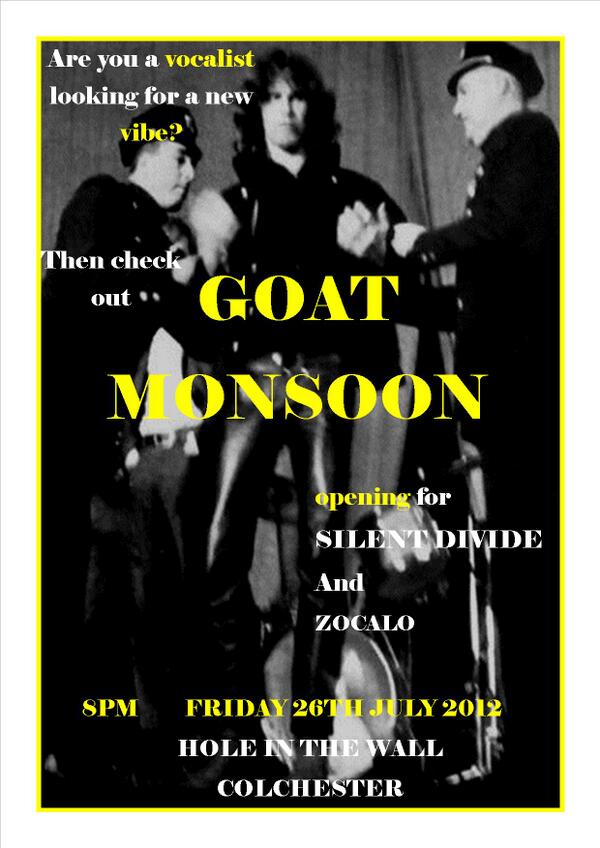 This Friday - the mighty Goat Monsoon are on first. Get down early for a party of riffs! #Doomon