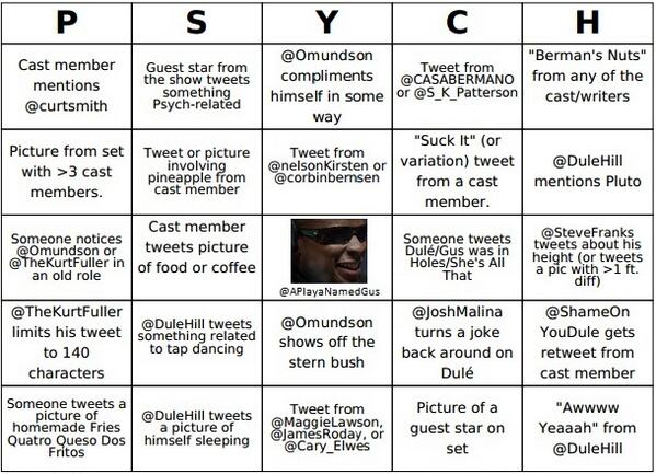 "Psych Twitter Bingo" <a href="/DuleHill/">Not The Actor Known As Dule Hill</a> <a href="/Omundson/">🇺🇦Timothy Omundson🇺🇦</a> <a href="/TheKurtFuller/">Kurt Fuller</a> <a href="/SteveFranks/">Steve Franks</a> <a href="/CASABERMANO/">ANDY BERMAN</a> <a href="/S_K_Patterson/">Saladin Patterson</a> <a href="/JoshMalina/">(((Jew)))</a>