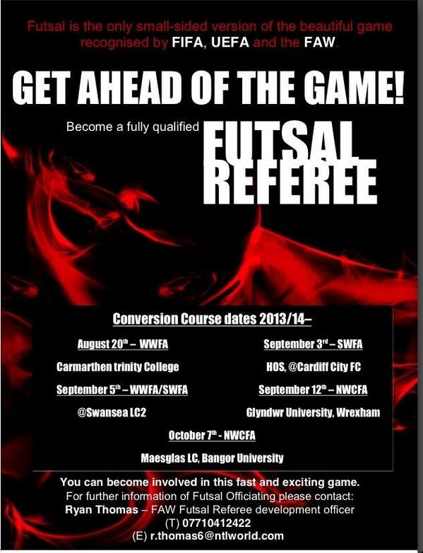 <a href="/Aberdarerefs/">Aberdare Referees</a> <a href="/HouseofSportCDF/">Cardiff City House of Sport</a> <a href="/SouthWalesFA/">South Wales FA</a> Futsal referee courses coming up #ffwtsalcymru #Wearereferees