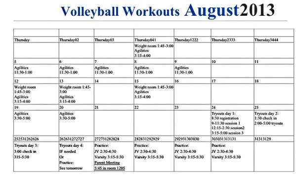 BMHSVolleyball's tweet photo. Workout schedule for August http://t.co/drauvY0v7b
