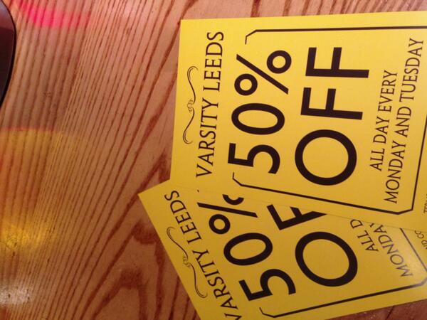 MerchantLeeds's tweet photo. 50% off Food!!

Get down to Varsity Leeds today and enjoy half price Sandwiches, grills, mains and dirty section. http://t.co/Iq90k23FXR