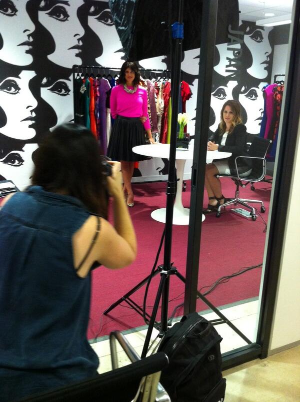 Gilt's tweet photo. Behind the scenes at an upcoming editorial shoot featuring our super-chic editors @lomrantz  and @abarton23 http://t.co/oRj2rAOp0x