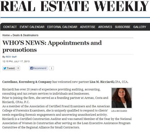 C_KandCo's tweet photo. Great coverage in @RE_Weekly on new partner Lisa Ricciardi! Check it out:http://t.co/wLpqtUMVYX http://t.co/T2kakqimwu