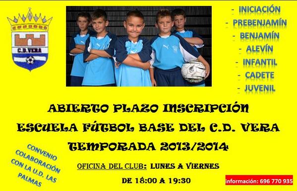 Abierto el plazo inscripción de la escuela base del C.D.Vera - horario de oficina de lunes a viernes de 18 a 19:30 h.