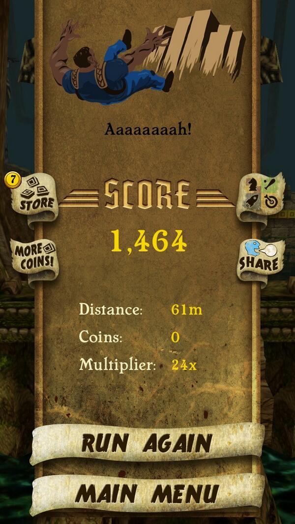 WooDro21's tweet photo. I got 1,464 points while escaping from demon monkeys. Beat that! http://t.co/dOOZ1ru4a3 #TempleRun http://t.co/ig8vBJle0X