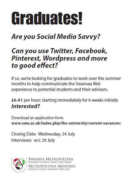 UWTSD's tweet image. Are you Social Media Savvy? @SwanseaMetSU @SwanseaMet 
smu.ac.uk/index.php/the-…
Closing date: 24th July 2013