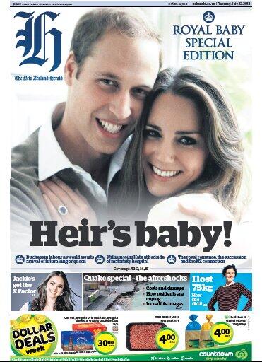nzherald's tweet image. The front page of today’s New Zealand Herald: “Heir’s baby!” ow.ly/nd6RK #RoyalBaby