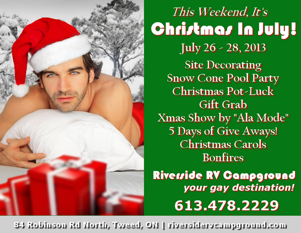 campriverside's tweet photo. It's Christmas In July! July 26 - 28, 2013 
http://t.co/dxnFSlGWYi
#gaycamping #gaycampground #gay http://t.co/dW4RLCRjkg