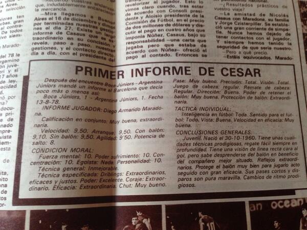 gonzalodemelo's tweet photo. Documento histórico: primer informe de Maradona (1978), hecho por César y filtrado a prensa. Diario 'Dicen' (1982) http://t.co/F5E1z7xM22
