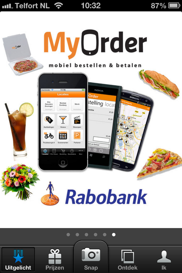 GeoRunCom's tweet photo. A special welcome to the Rabobank in SnapAR! Snap a photo with a MyOrder item and earn €20 or €40 euro MyOrder cash! http://t.co/LzxjQZwtCL