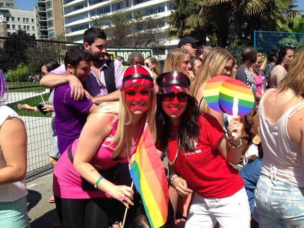 CBCVancouver's tweet photo. The giveaways are getting good - who doesn't want a retro visor? Host @LienY poses with a fan #cbc #vanpride2013 http://t.co/ToPXdmZ8F4