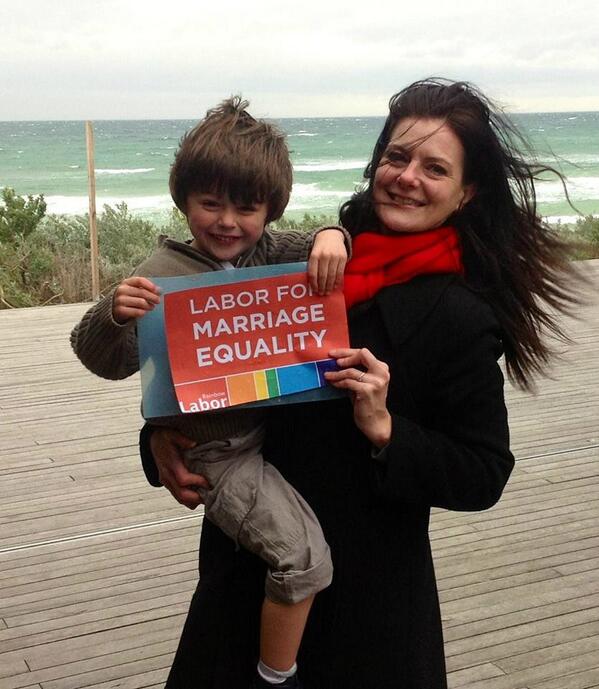 Labor4ME's tweet photo. @SonyaKilkenny Labor Candidate for Dunkley in Victoria shows her support for #marriageequality with her son, Rafferty http://t.co/9Bl5MMWIbf
