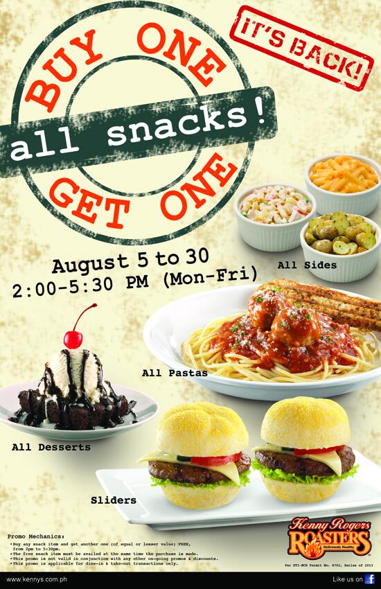 KennysPH's tweet photo. It's back! Buy 1 Get 1 on all snacks weekdays from 2PM to 530PM! http://t.co/OJYDGruXL7