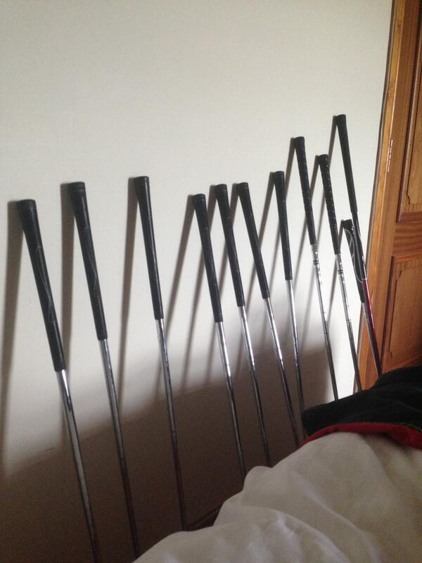 ajlarge's tweet image. @Largey59 we got soaked today. Have lined our golf clubs along the wall #3pgc